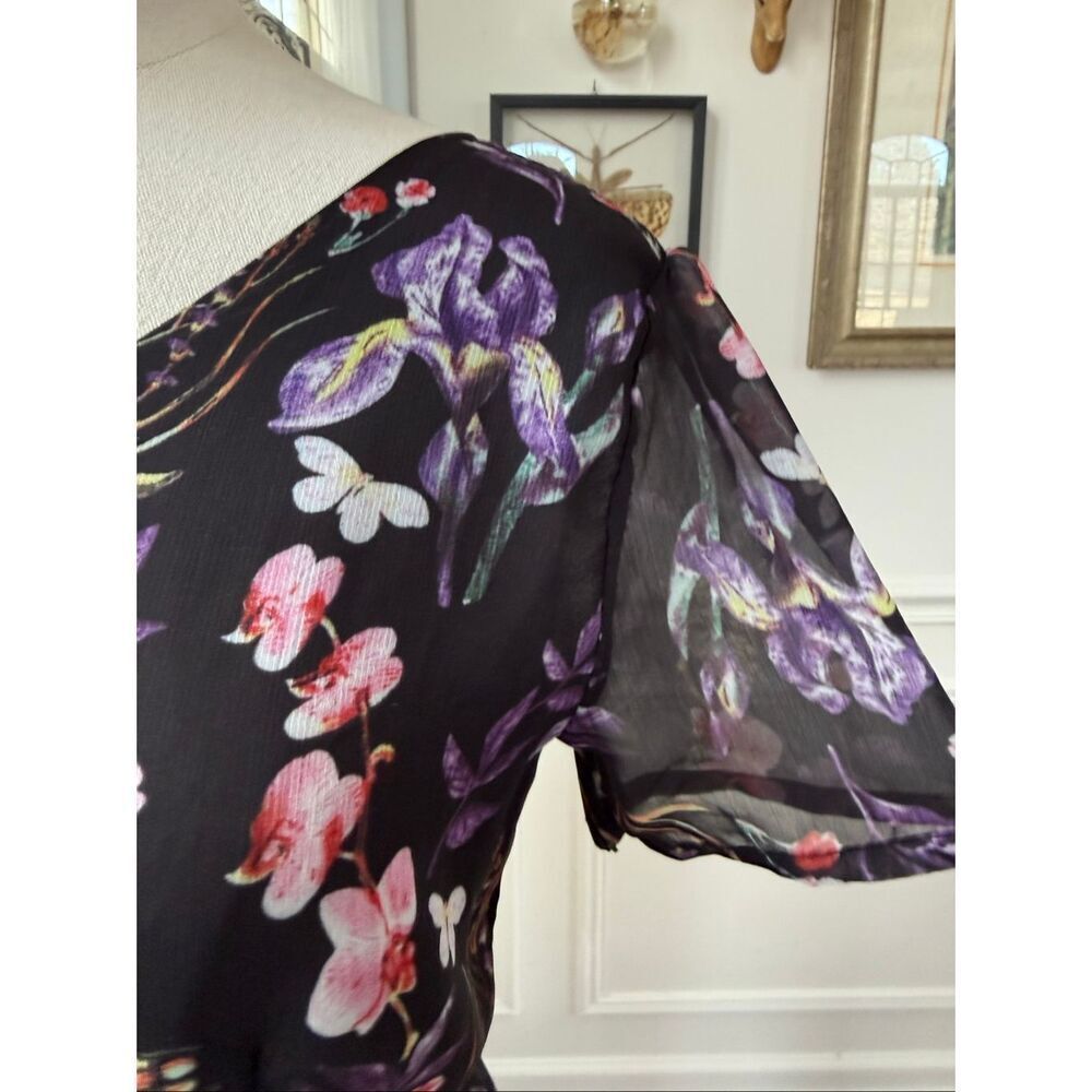 G•W•E Midi Floral Butterfly Chiffon Short Sleeve Dress L - Picture 4 of 9